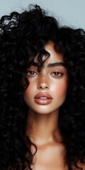 Fototapeta premium Young woman with natural freckles and voluminous curly black hair gazing at camera. Soft makeup highlighting full lips and glowing skin creates modern beauty portrait.