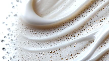 Creamy white foam texture with swirling pattern and tiny bubbles creating abstract waves and lines against light background. Macro photography for cosmetic and food industry.