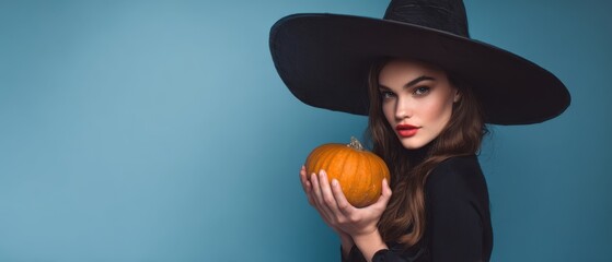 The witch holding a pumpkin against a vibrant blue background.