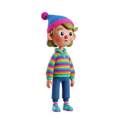 Charming 3D Render of a Playful Character in Colorful Winter Attire against Black
