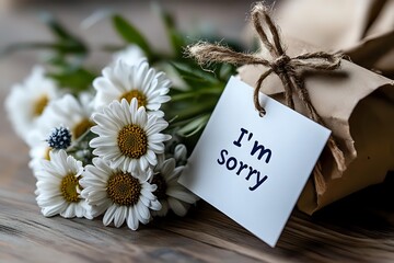 White daisies bouquet with kraft paper wrapped gift and apologetic note saying I'm sorry on wooden table, romantic gesture of forgiveness and reconciliation.