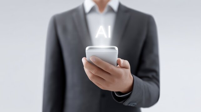 AI concept with businessman holding smartphone and glowing text