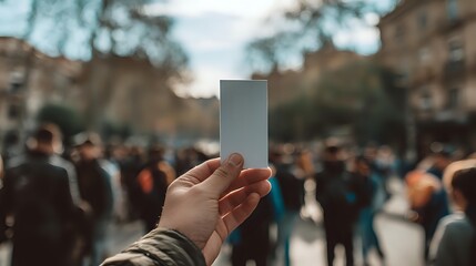 Hand holding blank white card against blurred urban crowd background, demonstrating mockup placement for business card or ticket design presentation.