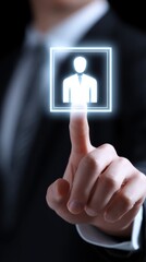 Businessman pressing digital icon with person symbol blurred
