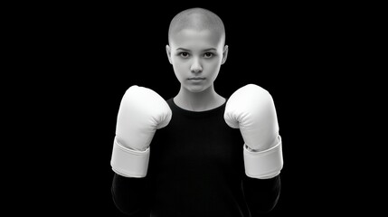 Young woman with shaved head wearing white boxing gloves and black