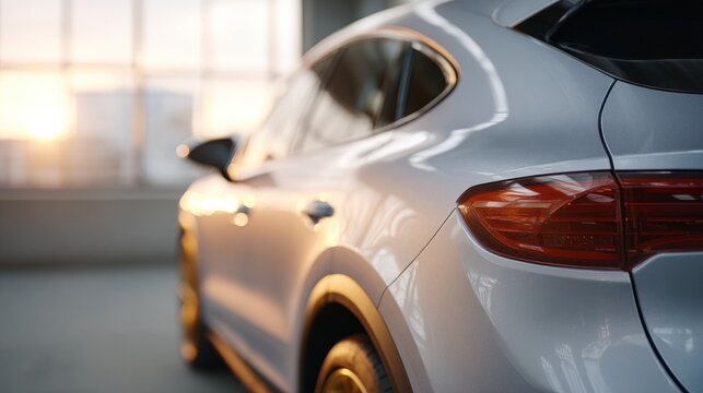 Silver coupe car taillight and side detail at sunset with soft light reflections