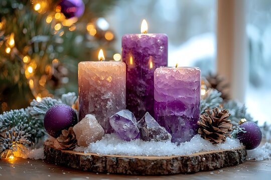Glowing purple and pink candles on wooden slice with amethyst crystals, pine cones and Christmas ornaments surrounded by snow and festive lights for holiday decor.