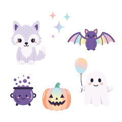 Adorable pastel Halloween characters: cute wolf, rainbow bat, ghost, pumpkin, and cauldron.