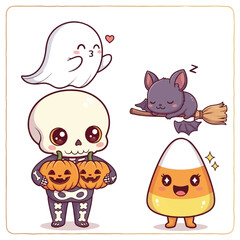 Cute Halloween illustration featuring a ghost, bat on a broom, skeleton holding pumpkins, and a candy corn character.