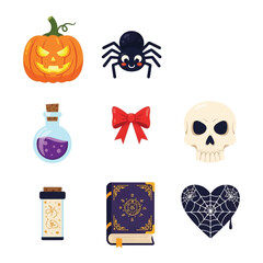 Halloween themed cartoon icons featuring a pumpkin, spider, potion, bow, skull, jar, book, and heart with a spiderweb.