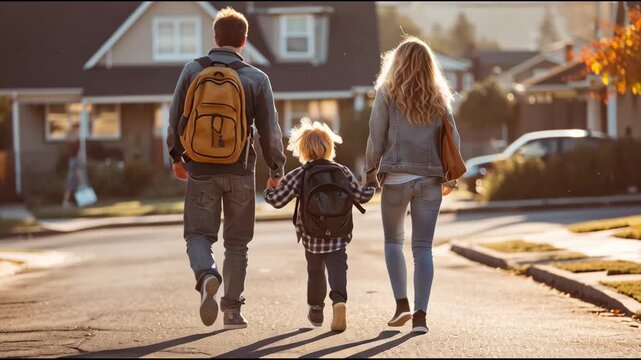Parent child walking school street suburban neighborhood holding hands backpacks casual clothes autumn afternoon warm light