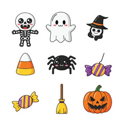 Cute cartoon Halloween icons featuring skeleton, ghost, witch, candy corn, spider, candy, broom, and jack-o'-lantern.