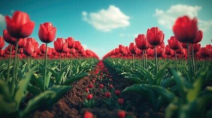 A vibrant field of red tulips stretches into a clear blue sky