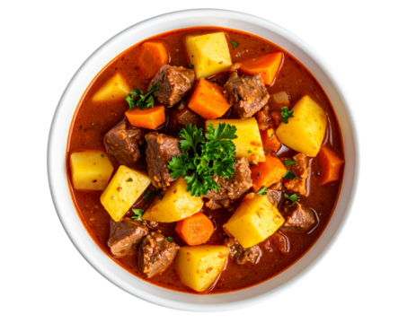  Traditional Beef Goulash in Deep White Bowl with Parsley Garnish, Top View, Isolated on Transparent Background