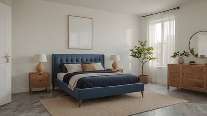 Serene Coastal Bedroom: Blue Upholstered Bed, Natural Wood Accents, and Minimalist Decor