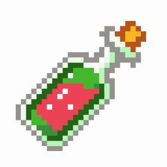 Pixel art magic potion bottle, green liquid with cork and glowing spark retro video game fantasy alchemy element icon