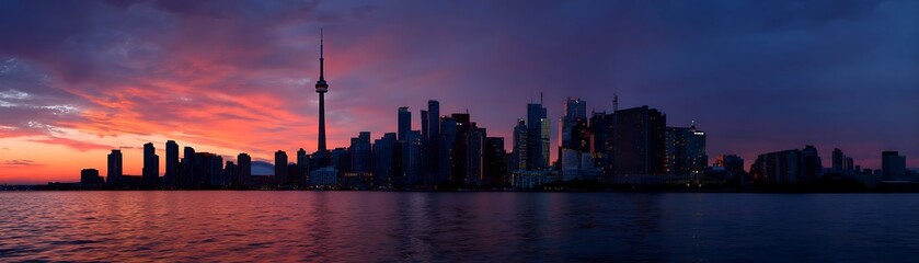 Fototapeta premium City skyline at sunset over calm water.