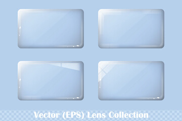Transparent rectangle glass button set, rectangle lens set, realistic glass rectangle for buttons isolated on transparent background, vector (EPS) illustration