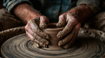 Hands covered in clay shaping a pot on a spinning pottery wheel.