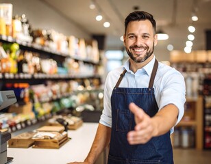 Friendly grocery store worker offering handshake