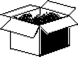 Fototapeta premium Open cardboard box filled with contents, pixel art retro digital package, shipping, delivery, storage, pixelated icon