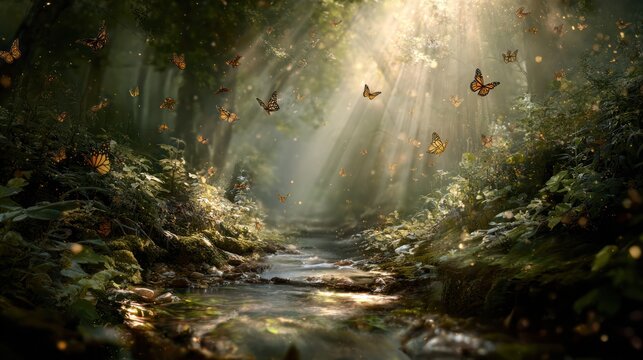 Forest path with stream, dappled sunlight, & butterflies in air