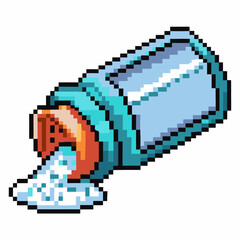 Fototapeta premium Spilled salt shaker in pixel art retro pixelated kitchen seasoning, cooking ingredient on white background