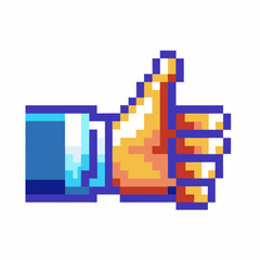 Obraz premium Pixel art thumbs up gesture retro hand sign, approval or like symbol, digital positive feedback, isolated on white background