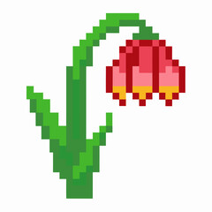 Fototapeta premium Pixel art red bell flower with green stem and leaves digital retro nature plant illustration on transparent background