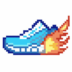Fototapeta premium Pixel art blue running sneaker with fire trail fast speed, retro video game athletic shoe, sport and energy concept
