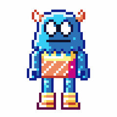 Naklejka premium Colorful pixel art blue monster character with orange horns and striped outfit, retro game fantasy comic design