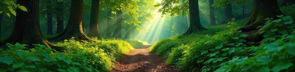 Fototapeta premium Serene forest trail winding through lush greenery, dappled sunlight filtering through leaves, creating a magical atmosphere Perfect for adventure, nature, travel, and hiking themes , scenery, trees