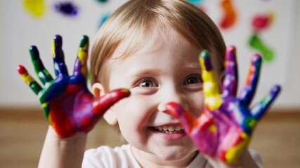 Cheerful preschooler girl enjoying art class, displaying painted hands with rainbow colors, expressing creativity and joy during finger painting activity in kindergarten classroom - Powered by Adobe