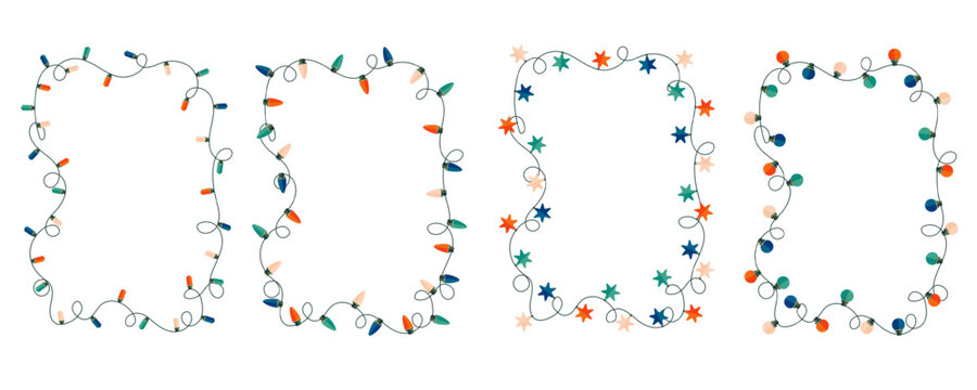 Vertical rectangular Christmas light string stylized frame. Festive vector bulb garland border.