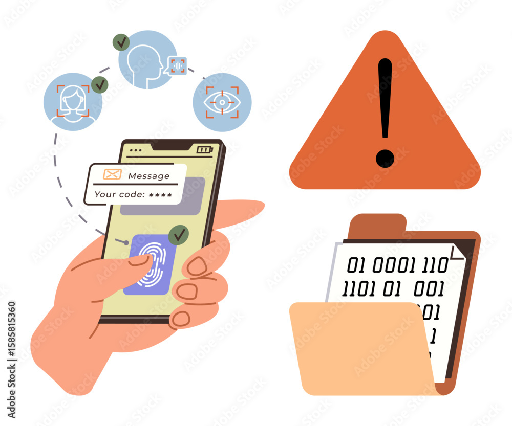 Poster hand holding smartphone with fingerprint scan and authentication icons. binary data folder and warni