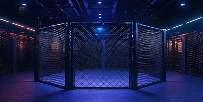 Neon-Lit MMA Octagon: Underground Fight Club Ambiance