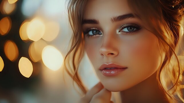 Young woman with blue eyes and natural makeup in warm evening light with blurred bokeh background creating romantic atmospheric portrait.
