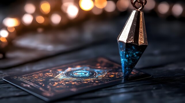 Mystical pendulum hovering over tarot card with blurred bokeh lights in background, creating magical fortune telling atmosphere for spiritual readings.