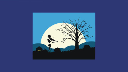 Naklejka premium Silhouette of skeleton playing violin near tree and pumpkins under a bright moon at night scene