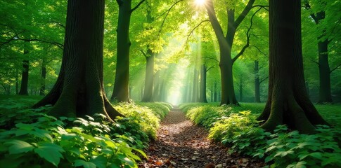Obraz premium Sun-dappled beech forest floor, lush green foliage, ancient trees, dappled light filtering through leaves Perfect for nature, woodland, and environmental themes , tranquil, earth, spring