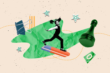 Full 3d art trend collage of happy preteen schoolgirl run eraser chess figure clip education supplies back to school autumn learner