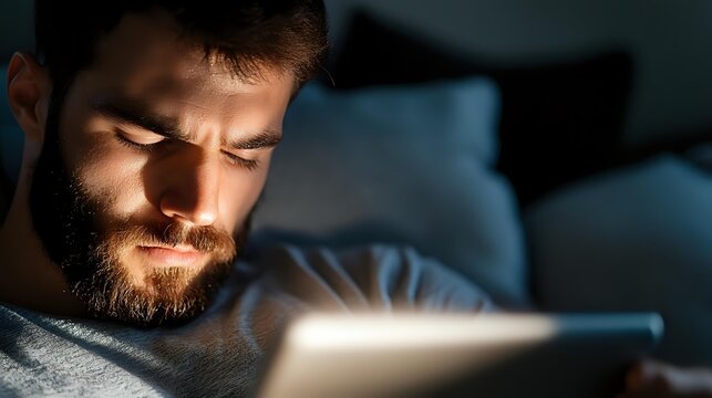Young bearded man reading digital tablet in dark room with glowing screen light illuminating his face while relaxing on couch at night.
