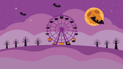Naklejka premium A ferris wheel and bats flying under a full moon in a spooky halloween night scene with trees