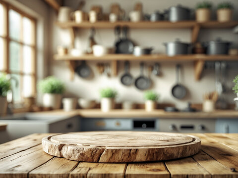 Wooden board on a rustic kitchen counter with blurred background.
