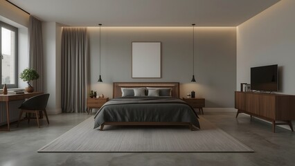 Modern minimalist bedroom interior:  calm evening ambiance, wooden bed, neutral tones, contemporary design, large rug, flat screen TV.