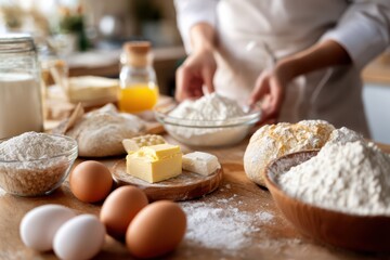 Fototapeta premium view of butter, eggs, flour, and sugar arranged on kitchen table