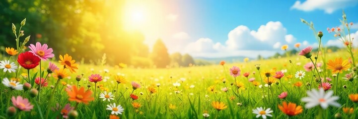 Obraz premium Vibrant sunlit meadow with wildflowers in full bloom, creating a cheerful and idyllic scene perfect for backgrounds Ideal for projects needing a joyful, carefree atmosphere , peaceful, green