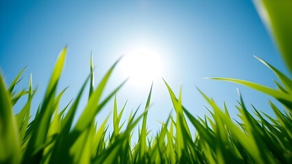 Low angle view of vibrant grass with sunlight and clear sky background.
