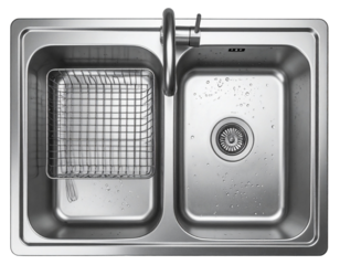 Top-Down View of Double Kitchen Sink with Draining Rack and Utensils, Realistic Flat Lay, Isolated PNG.