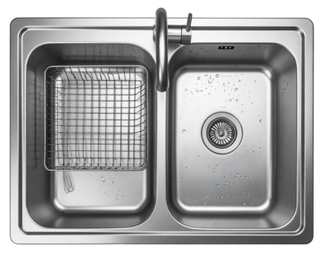 Top-Down View of Double Kitchen Sink with Draining Rack and Utensils, Realistic Flat Lay, Isolated PNG.